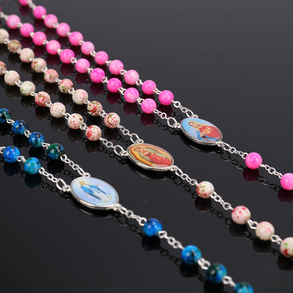Catholic Rosary Small Size Round Blue Glass Beads Virgin Mary Jesus Necklace