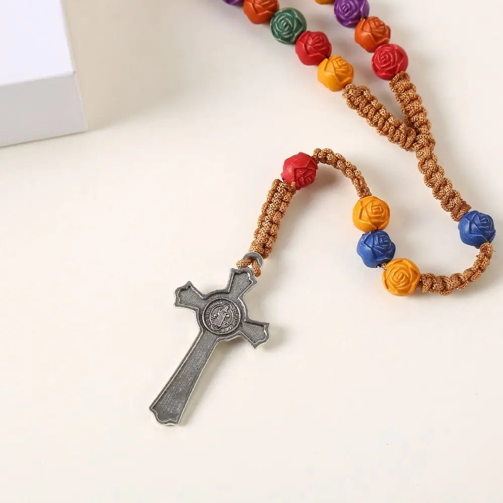 Rose Bead Colorful Cross Necklace Religious Catholic Handmade Rosary Necklace Blessing Durable Crucifix Pendant Chain Men