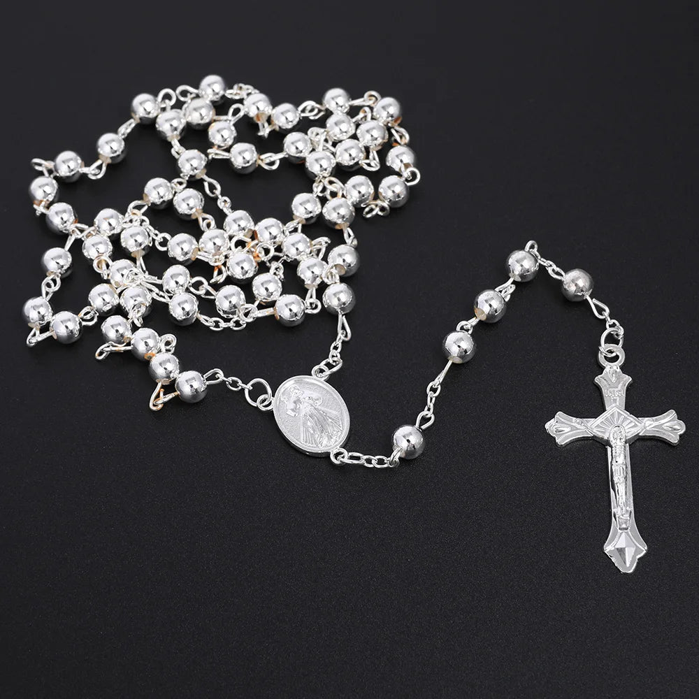 Gold Color Rosary Necklace For Women Men Long 6MM Beads Chain Crucifix Cross Pendant Religious Prayer Party Jewelry Gift