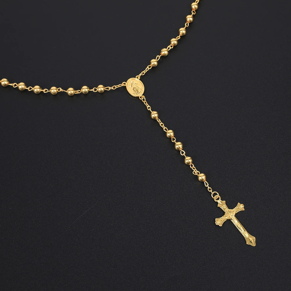 6MM Rosary Necklaces For Women Men Long Gold Silver Color Chain Crucifix Cross Pendant Necklace Religious Prayer Jewelry Gift