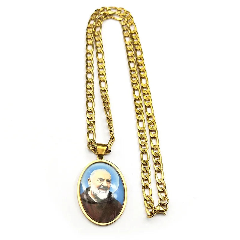 Catholic Padre Pio Saint Father Glass Medal Pendant Necklace for Women Men Stainless Steel Gold Color Religious Amulet Jewelry