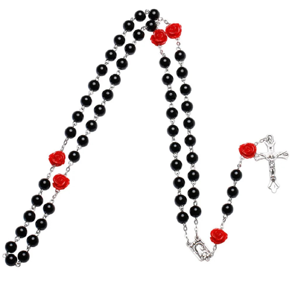 6MM Pink Rosary Necklace For Women Rose Glass Beads Chain Crucifix Cross INRI Pendant Men Religious Prayer Long Jewelry