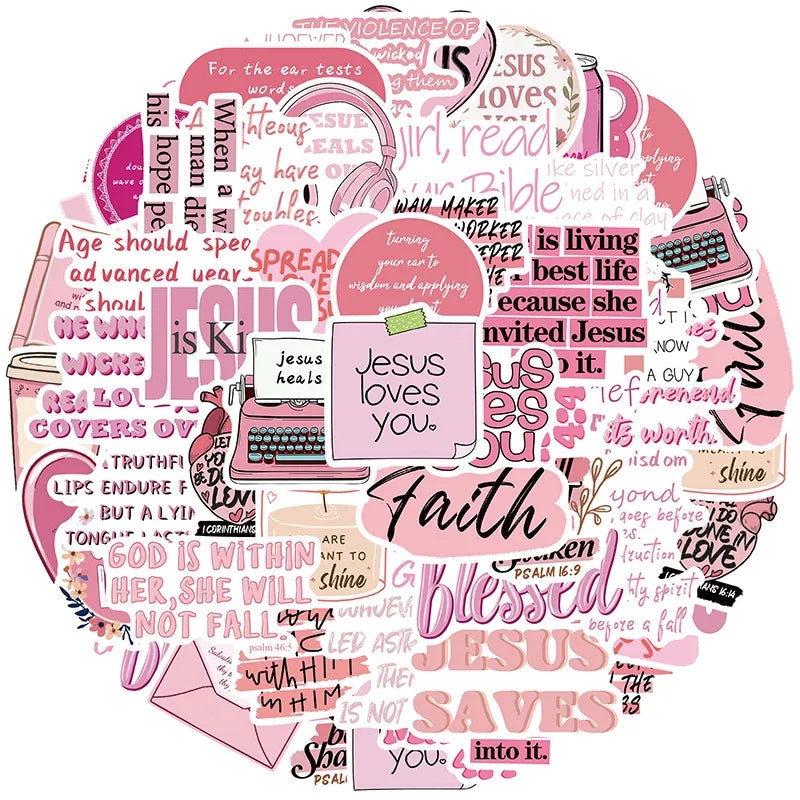 50PCS Pink Bible Verse Stickers Christian Faith Inspirational Religious Decals for Laptop Water Bottle Scripture Sticker