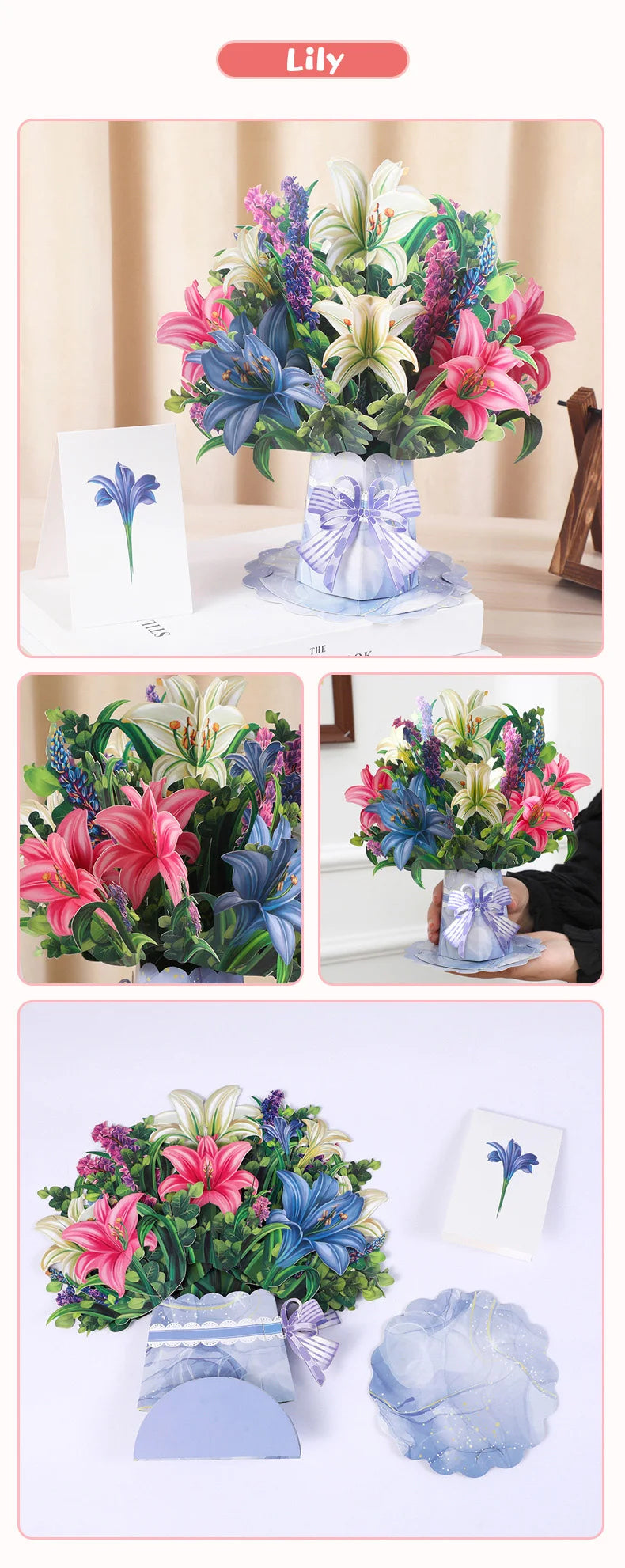 3D Creative Bouquet Gift Card for Mother Father Wife Friends Blessing Card Gift for Mothers Fathers Day Thank You Greeting Cards