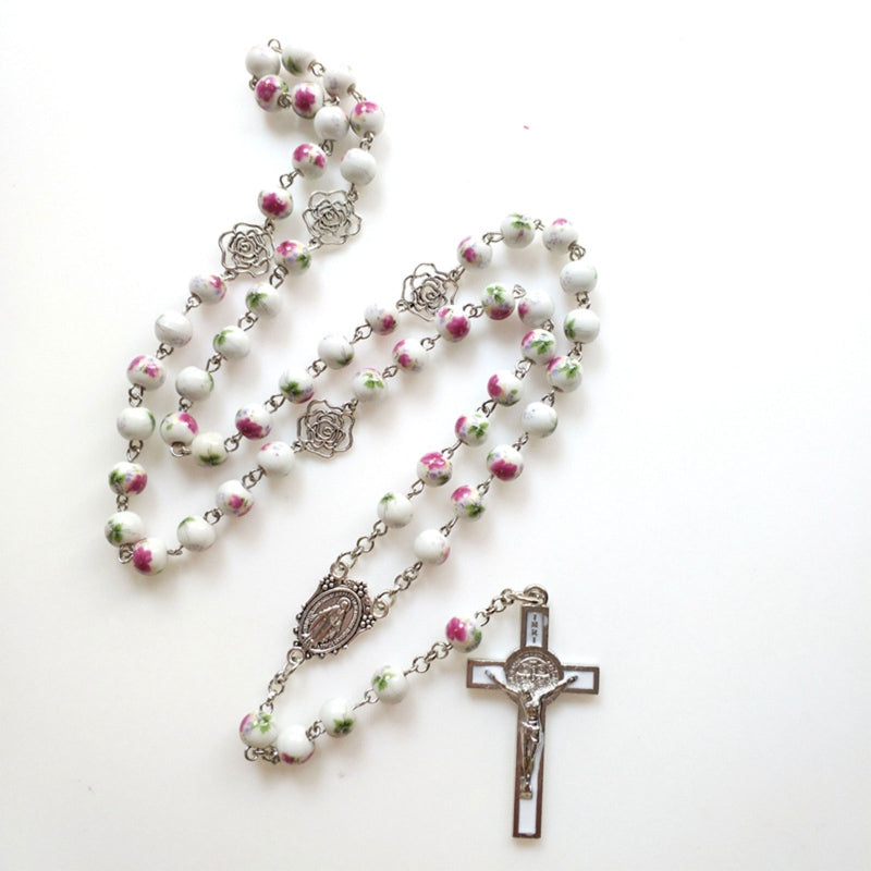 Rosary Glass Beads Catholic Necklace with Jesus Crucifix for Cross, First Communion Gifts, Confirmation Gifts for Te