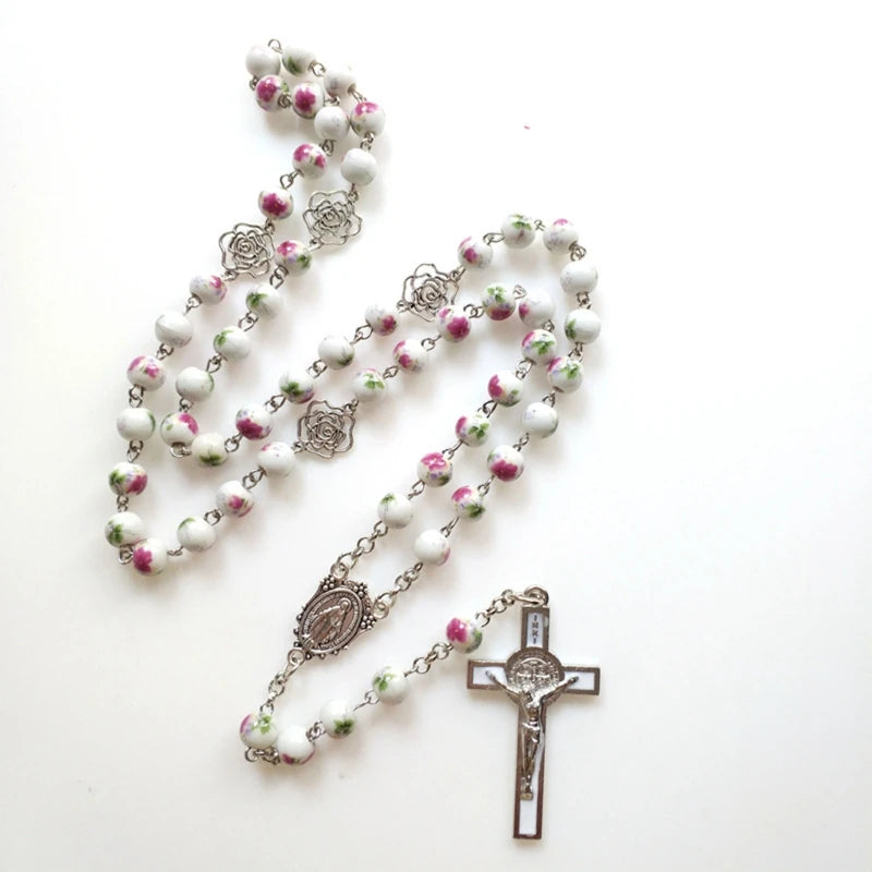 Rosary Glass Beads Catholic Necklace with Jesus Crucifix for Cross, First Communion Gifts, Confirmation Gifts for Te
