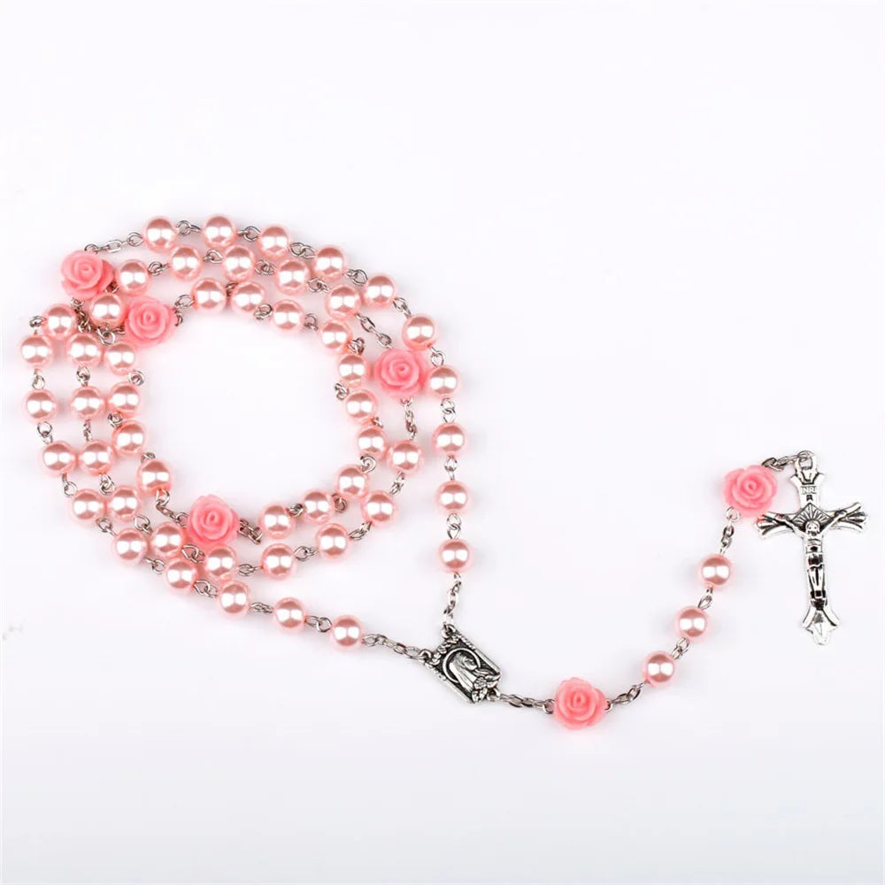 6MM Pink Rosary Necklace For Women Rose Glass Beads Chain Crucifix Cross INRI Pendant Men Religious Prayer Long Jewelry