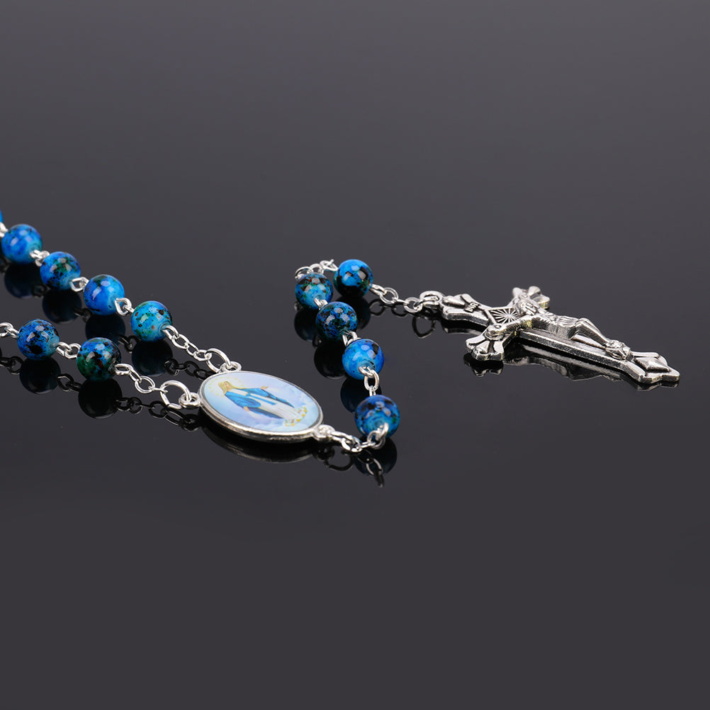Catholic Rosary Small Size Round Blue Glass Beads Virgin Mary Jesus Necklace