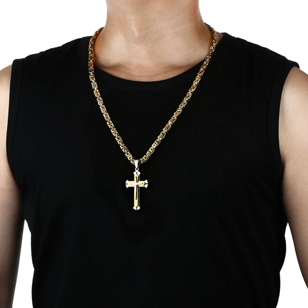 Three Layers Knight Cross Pendants Necklace for Men Stainless Steel Byzantine Link Chain Necklace Male Punk Jewelry Gift