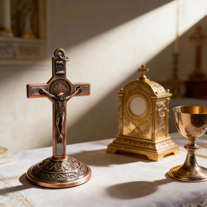 New Traditional Catholic Standing Cross St. Benedict Medal Inlay with Crucifix Premium Devotional Altar Decor for Church & Home