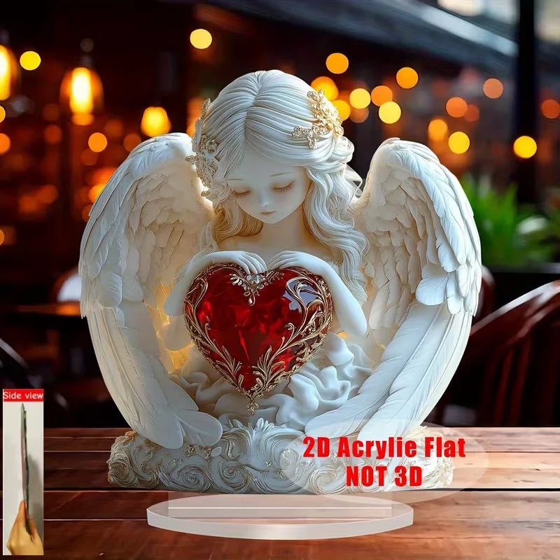 Red Heart Crystal Angel Sculpture Valentine's Day Gift Anniversary Home Office Bedroom Decor