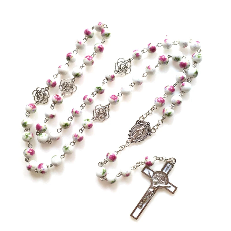 Rosary Glass Beads Catholic Necklace with Jesus Crucifix for Cross, First Communion Gifts, Confirmation Gifts for Te