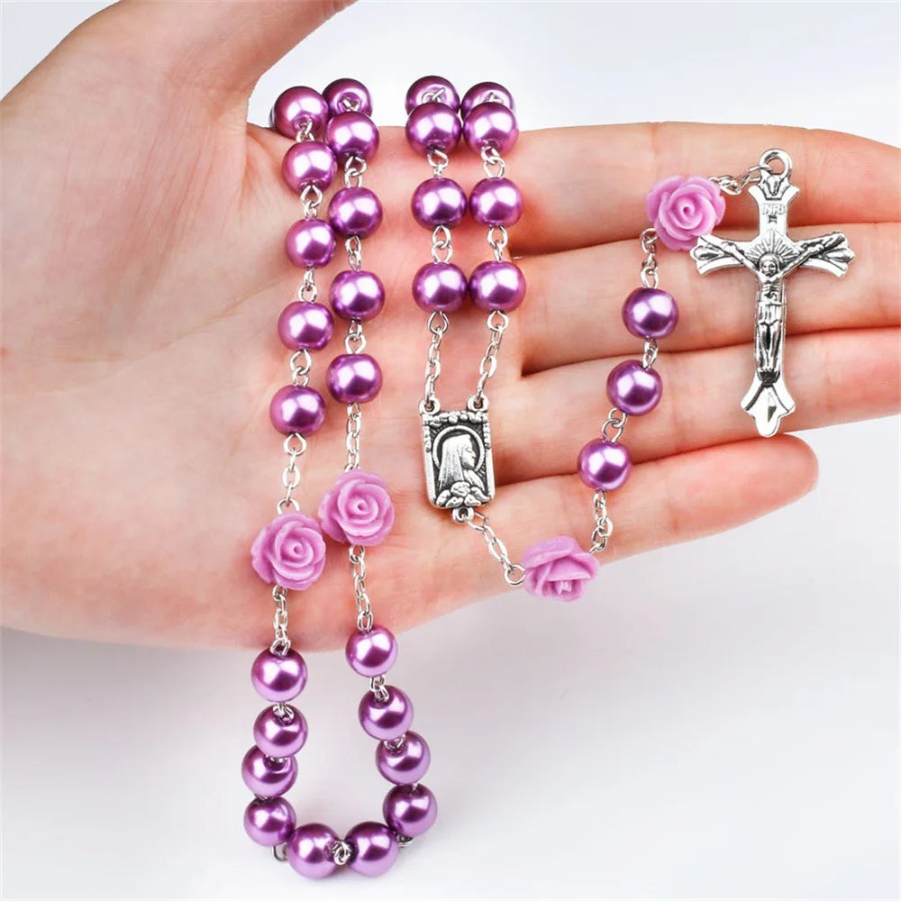 6MM Pink Rosary Necklace For Women Rose Glass Beads Chain Crucifix Cross INRI Pendant Men Religious Prayer Long Jewelry