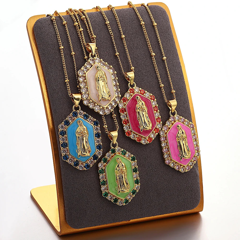 Religious Virgin Mary Medal Necklace for Women Men Rainbow Enamel Rhinestone Pendant Necklaces Catholic Christian Collar Jewelry
