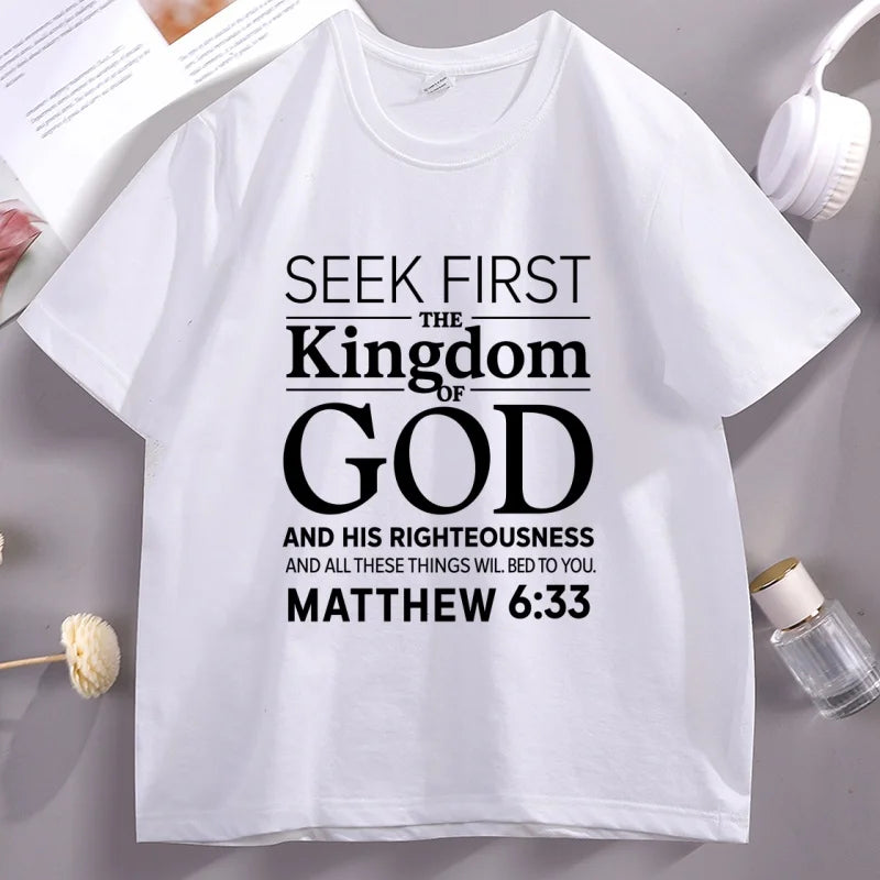 Christian Men T Shirt Bible Verse T-Shirt Christian Merch Cross Jesus Seek First The Kingdom Tshirt Casual Round Neck Clothes