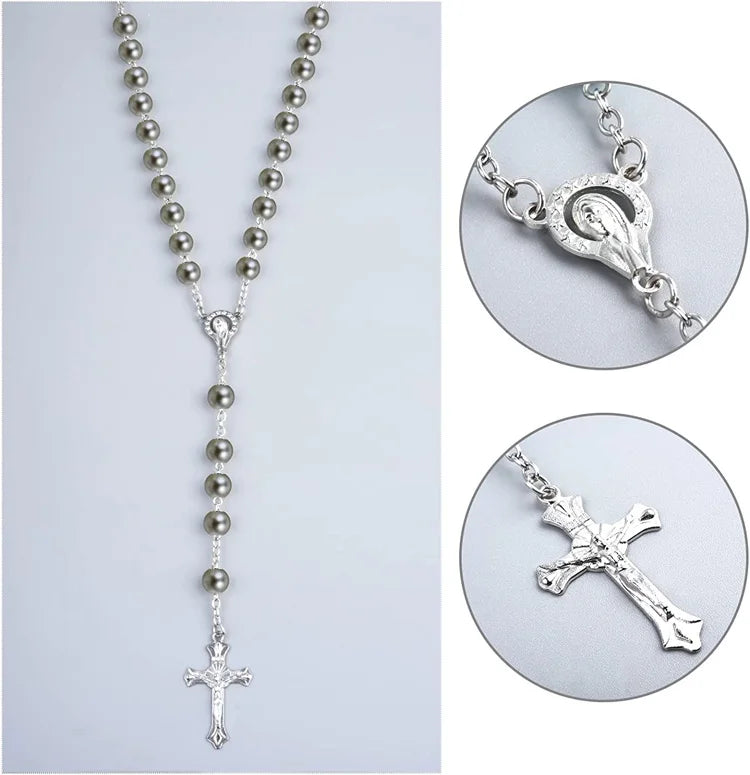 Rosary Beads Catholic Necklace Mary for Men Women Kids First Communion Long Rosary Cross Pendant Necklaces Metal Gift Box New