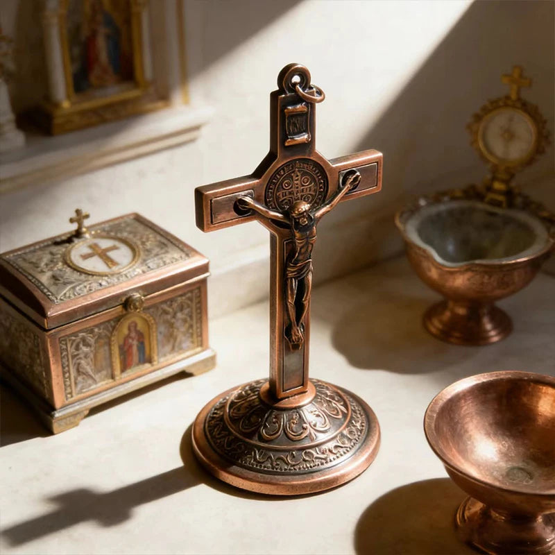 New Traditional Catholic Standing Cross St. Benedict Medal Inlay with Crucifix Premium Devotional Altar Decor for Church & Home