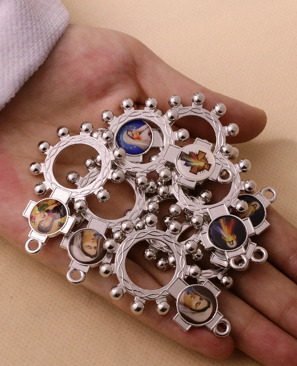 10Pcs Catholic Random Icon Cross Rosary Ring Our Lady of Perpetual Help Icon One Decade Rosary Portable Jewelry Accessories