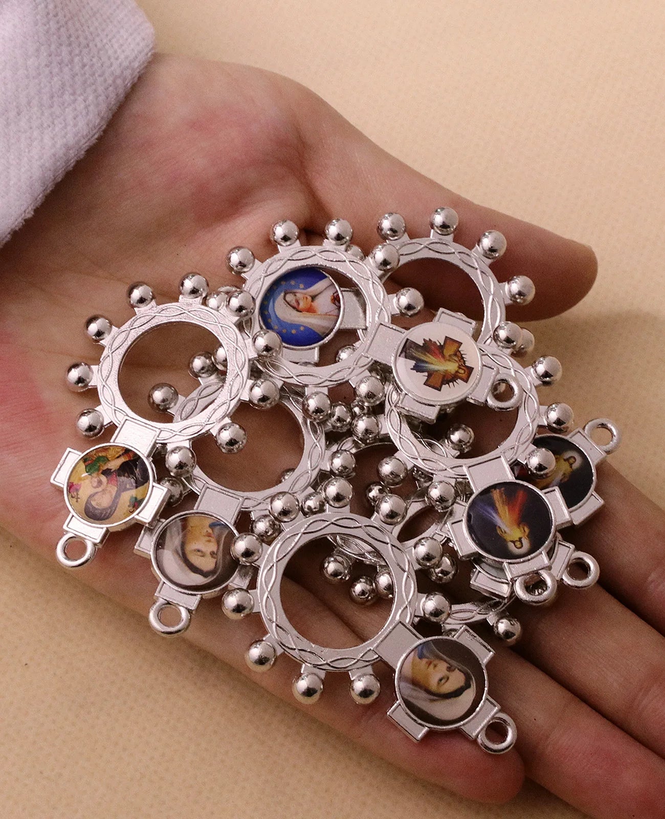 10Pcs Catholic Random Icon Cross Rosary Ring Our Lady of Perpetual Help Icon One Decade Rosary Portable Jewelry Accessories