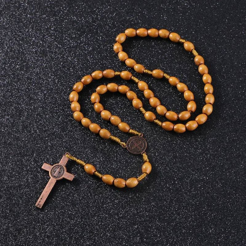 Handmade Weave Saint Benedict Medal Antique Wooden Rosary Cross Car Ornament Vintage Catholic Religious Jesus Auto Decor