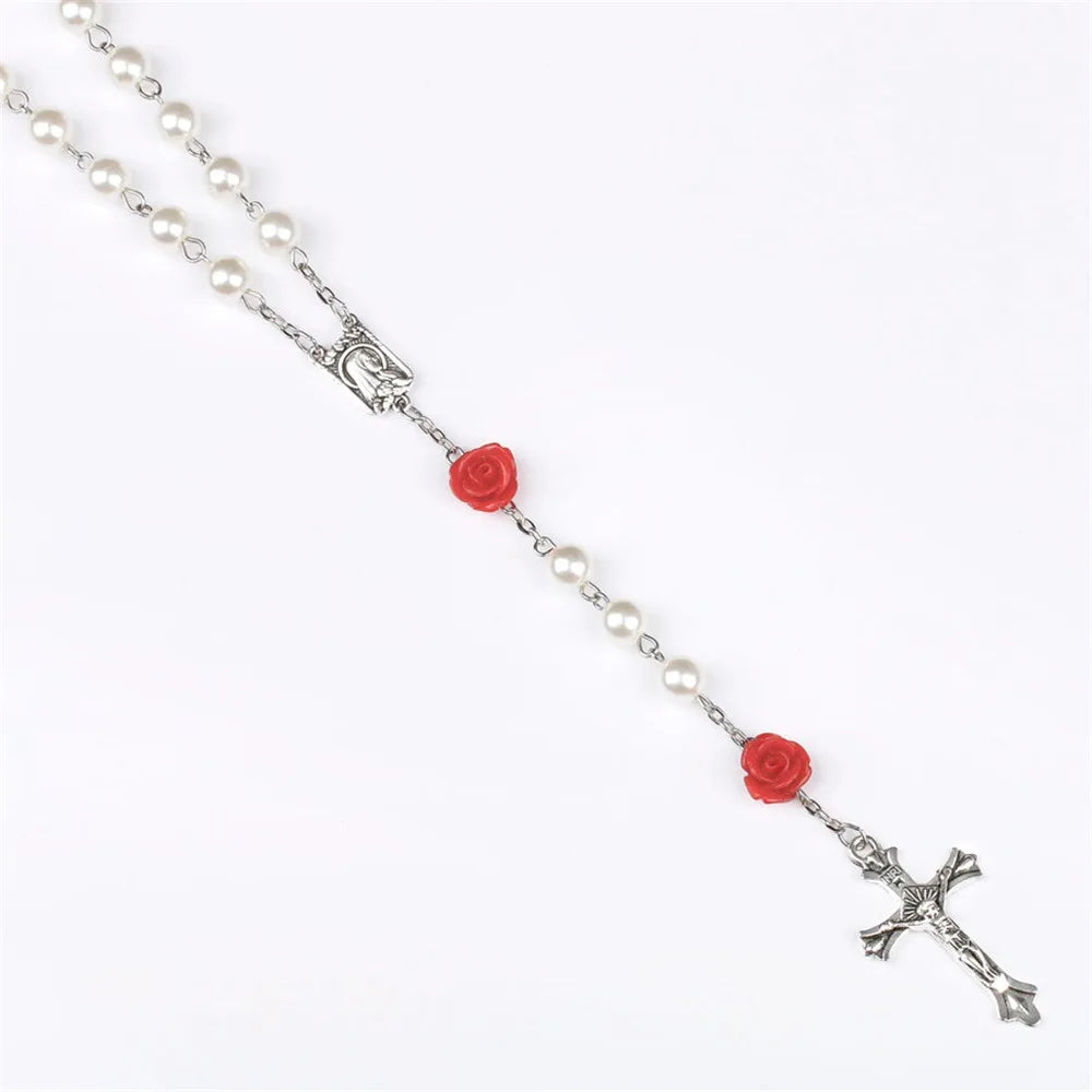 6MM Pink Rosary Necklace For Women Rose Glass Beads Chain Crucifix Cross INRI Pendant Men Religious Prayer Long Jewelry