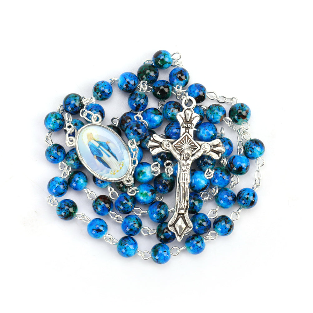 Catholic Rosary Small Size Round Blue Glass Beads Virgin Mary Jesus Necklace