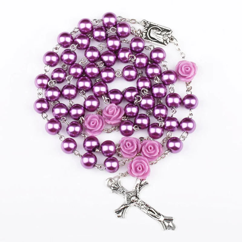 Catholic Purple Glass Beads Rosary Necklace For Women INRI Cross Crucifix Pendant Rose Chain Fashion Religion Jewelry