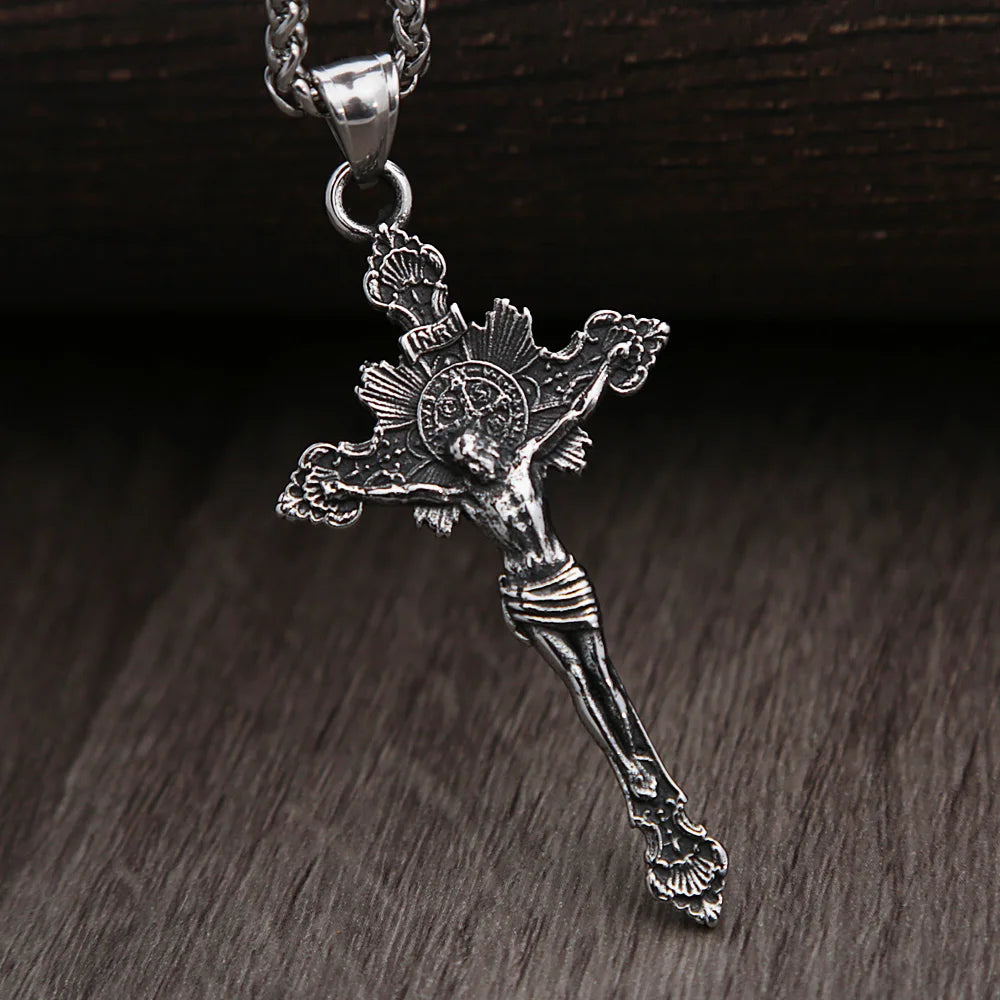 Vintage Stainless Steel Cross Necklace For Men Women Fashion Biker Catholic Cross Jesus Pendant Necklace Amulet Jewelry Gifts