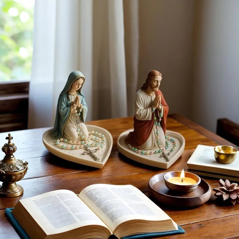 Virgin Mary Rosary Holder Statue Resin Elegant Our Lady Prayer Rosary Box Our Lady of Grace Statue Desktop Ornaments Home Decor