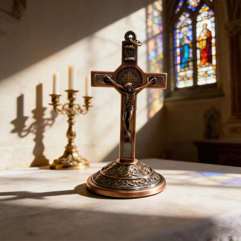 New Traditional Catholic Standing Cross St. Benedict Medal Inlay with Crucifix Premium Devotional Altar Decor for Church & Home