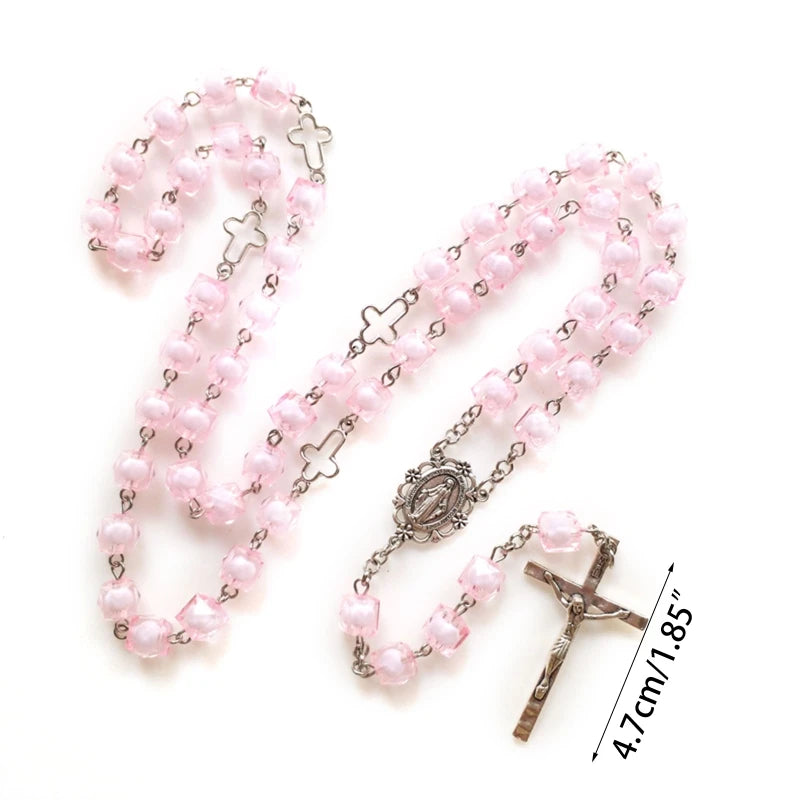 Pink Square Religion for Cross Rosary Necklace Hanging Pendant for Women Men Praying Meditation Gift Supplies