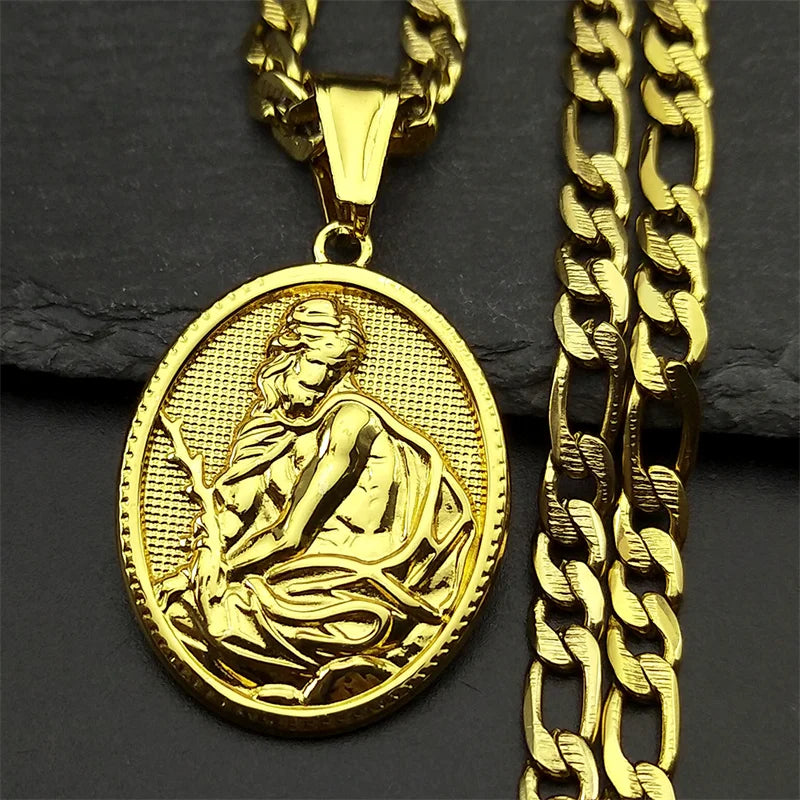 Jesus Crown of thorns Men's Necklace Stainless Steel Gold Color Chain Crucifix Medal Male Neckalces Religious Jewelry NZZ460S05