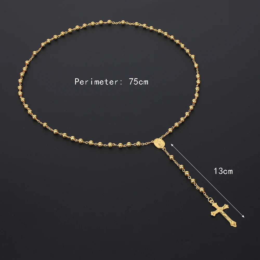 Gold Color Rosary Necklace For Women Men Long 6MM Beads Chain Crucifix Cross Pendant Religious Prayer Party Jewelry Gift