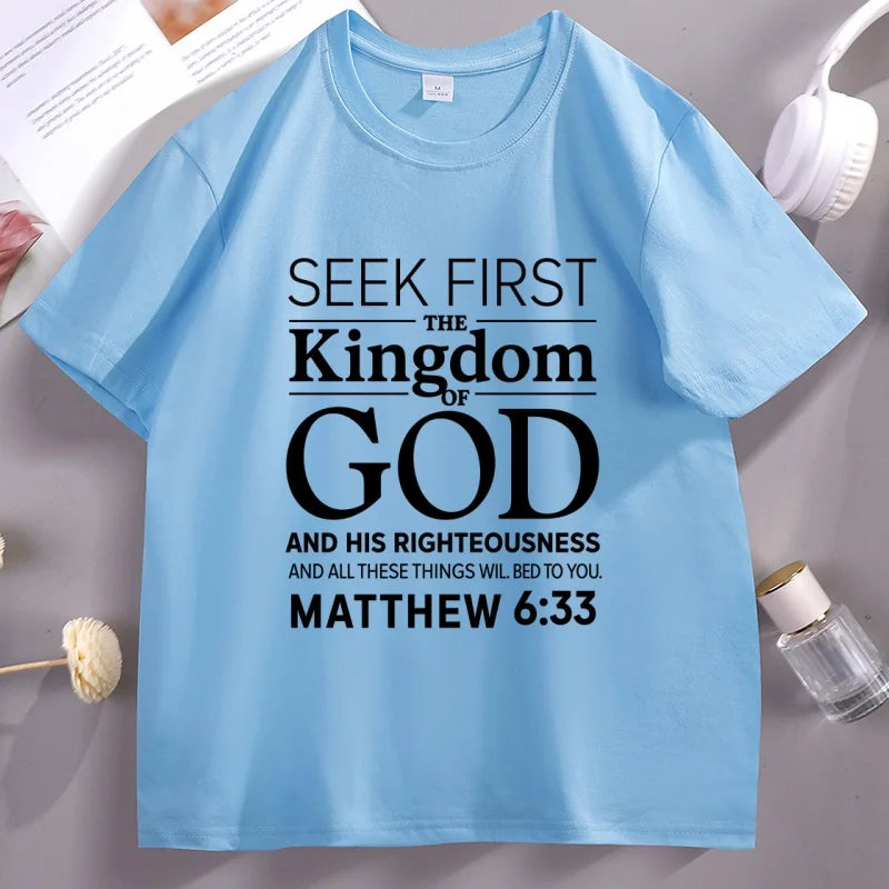 Christian Men T Shirt Bible Verse T-Shirt Christian Merch Cross Jesus Seek First The Kingdom Tshirt Casual Round Neck Clothes