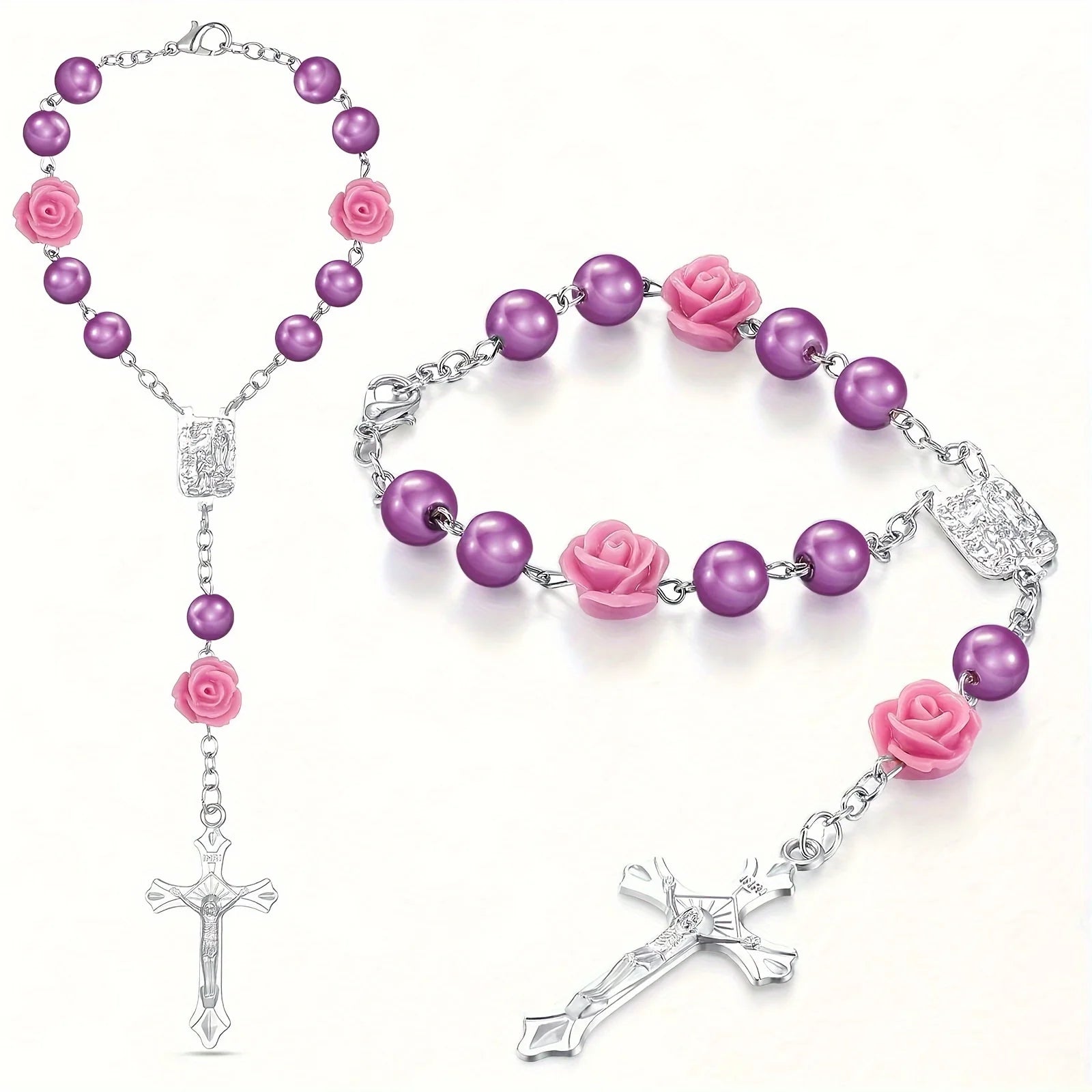 1pc ABS Car Rosary with Mirror, Rearview Mirror Beads, Rose Medal, Catholic Prayer Beads, Interior Decor, Cross Hanging Accessor