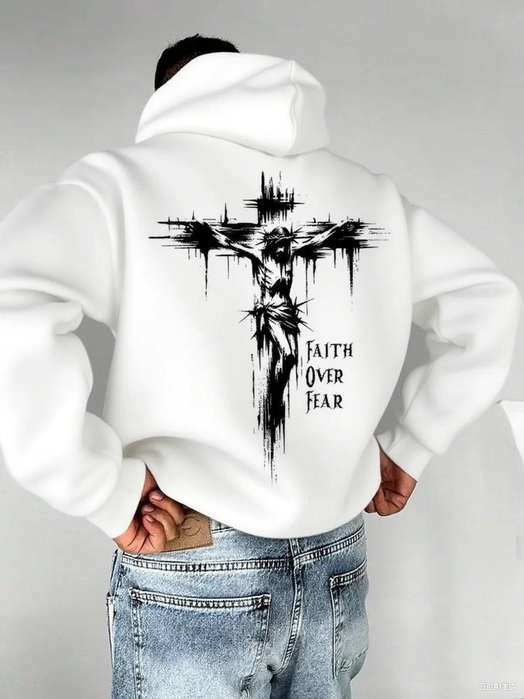 A men's hoodie with the words "Christian faith Overcomes fear" printed on it features a cross-shaped design on the back