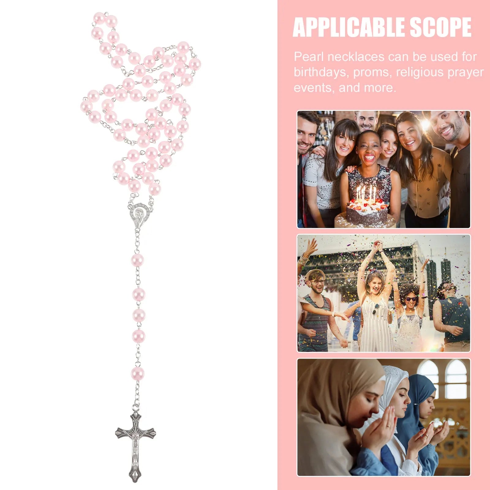 Love Rosary Catholic (Pink) 1pc Bead Necklaces Women Beaded Big Religious Cross Pendant
