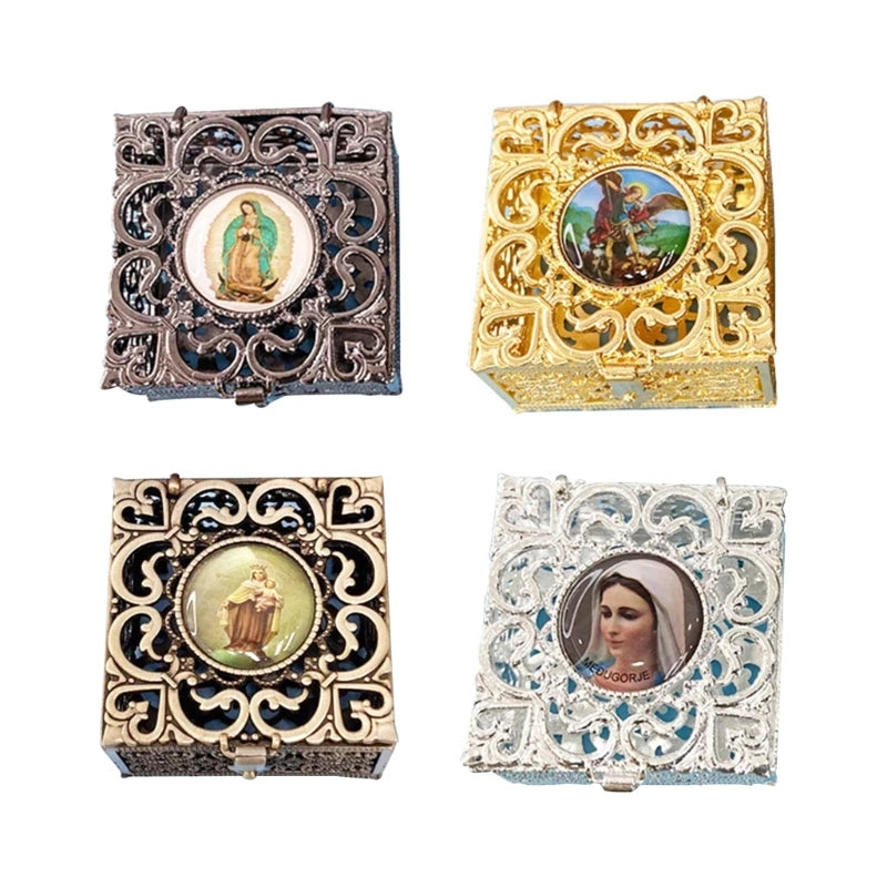 Rosary Bead Box Necklace Metal Christian Catholic Religious Jewelry Case Storage Dropship