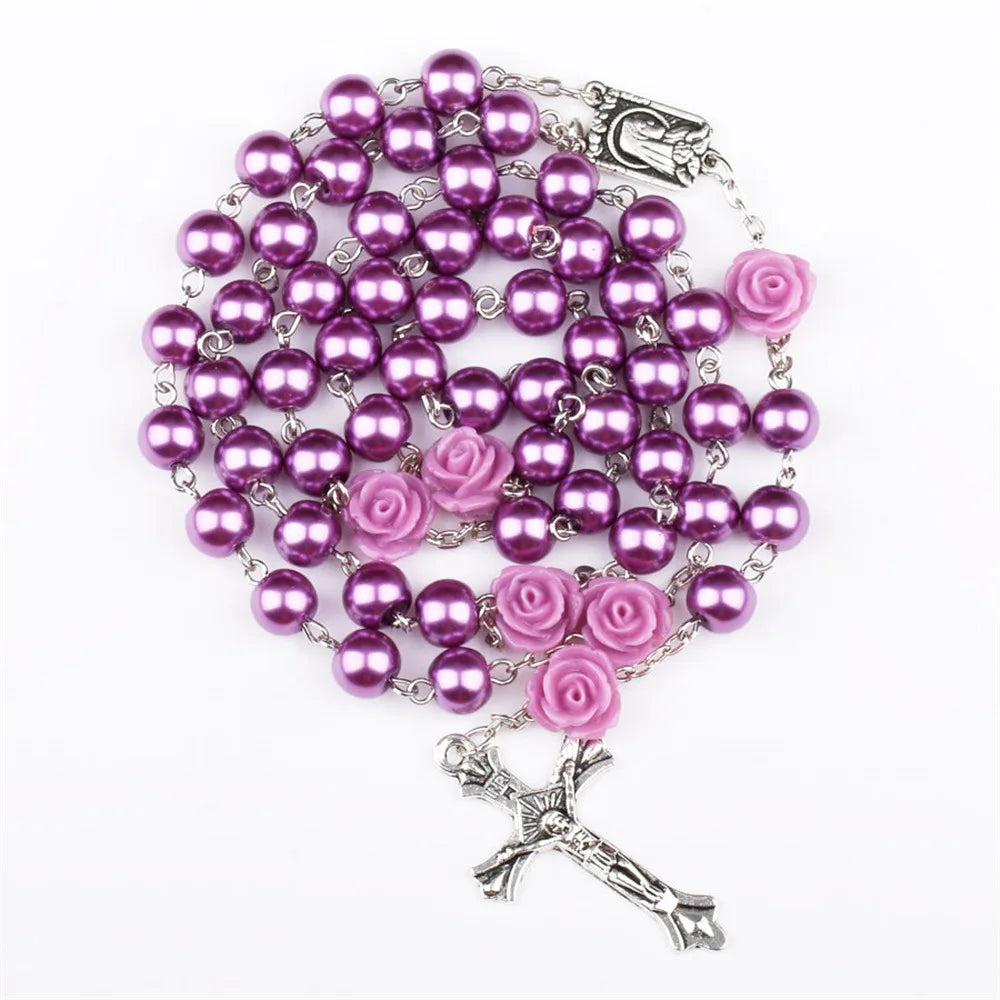 6MM Pink Rosary Necklace For Women Rose Glass Beads Chain Crucifix Cross INRI Pendant Men Religious Prayer Long Jewelry