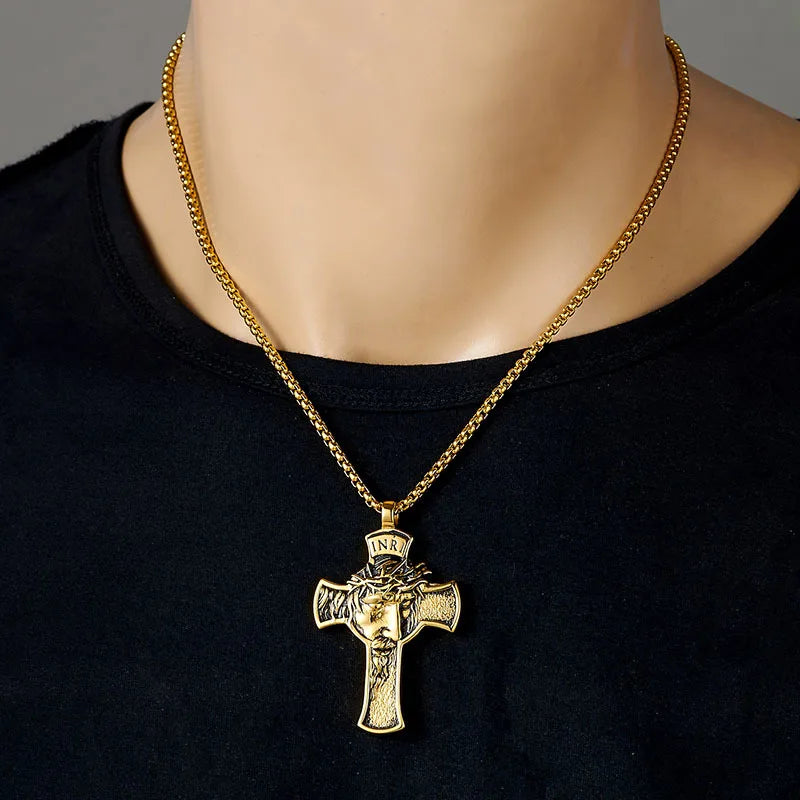 Stainless Steel Titanium Human Head Cross Jesus Hip Hop Pendant Collar Chains Necklace for Women Men Gift Fashion Jewel