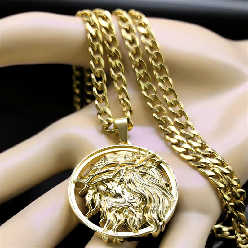 Jesus Crown of thorns Men's Necklace Stainless Steel Gold Color Chain Crucifix Medal Male Neckalces Religious Jewelry NZZ460S05