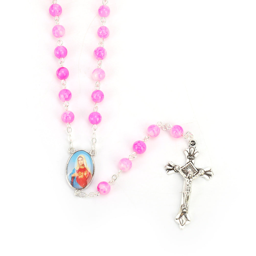 Catholic Rosary Small Size Round Blue Glass Beads Virgin Mary Jesus Necklace