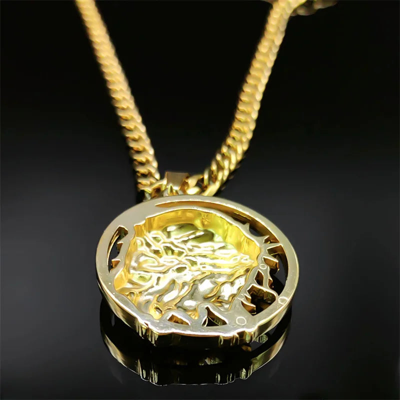 Jesus Crown of thorns Men's Necklace Stainless Steel Gold Color Chain Crucifix Medal Male Neckalces Religious Jewelry NZZ460S05