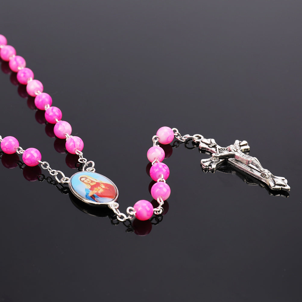 Catholic Rosary Small Size Round Blue Glass Beads Virgin Mary Jesus Necklace