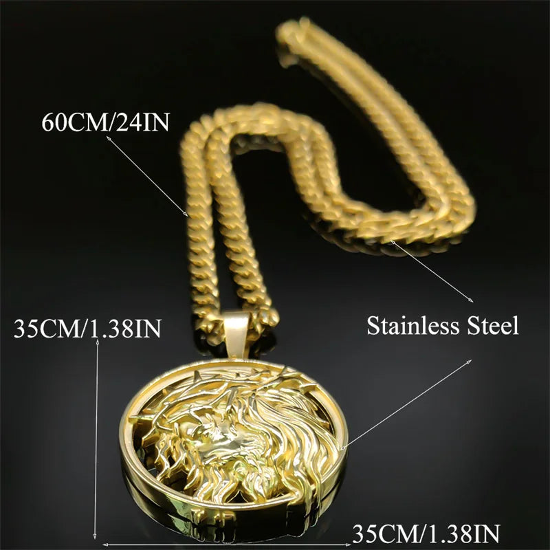 Jesus Crown of thorns Men's Necklace Stainless Steel Gold Color Chain Crucifix Medal Male Neckalces Religious Jewelry NZZ460S05