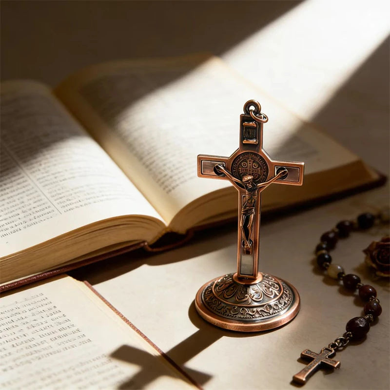 New Traditional Catholic Standing Cross St. Benedict Medal Inlay with Crucifix Premium Devotional Altar Decor for Church & Home