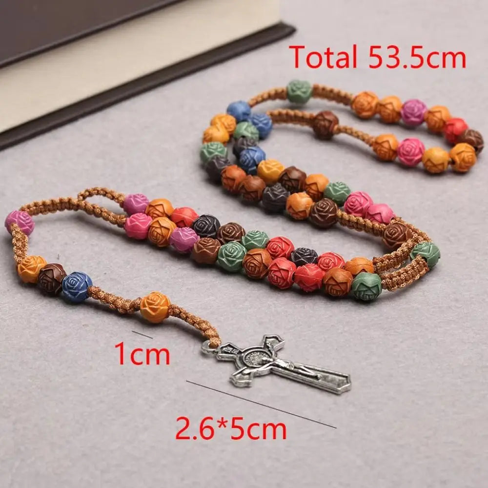 Rose Bead Colorful Cross Necklace Religious Catholic Handmade Rosary Necklace Blessing Durable Crucifix Pendant Chain Men