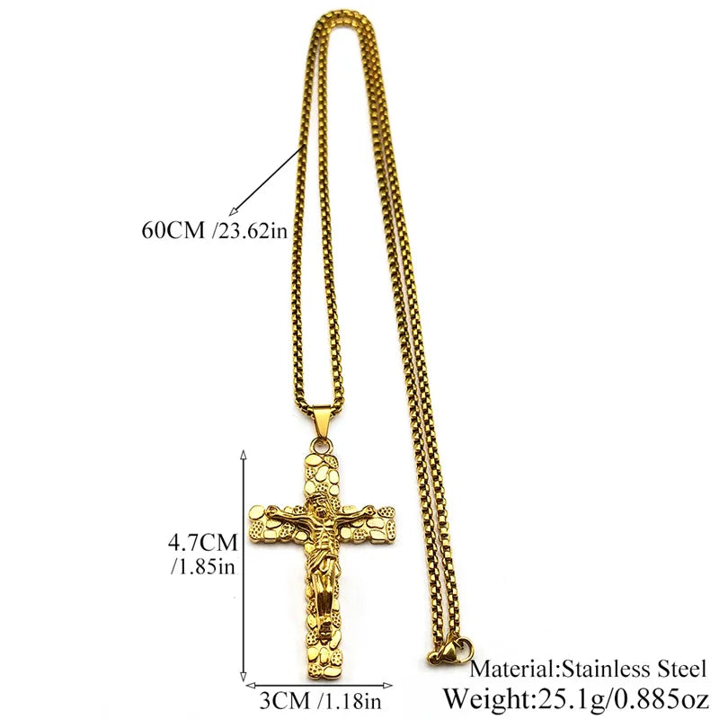 Stainless Steel Christian Jesus Crucifix Cross Pendants Necklaces for Men Women Gold Color Chain Amulet Jewelry