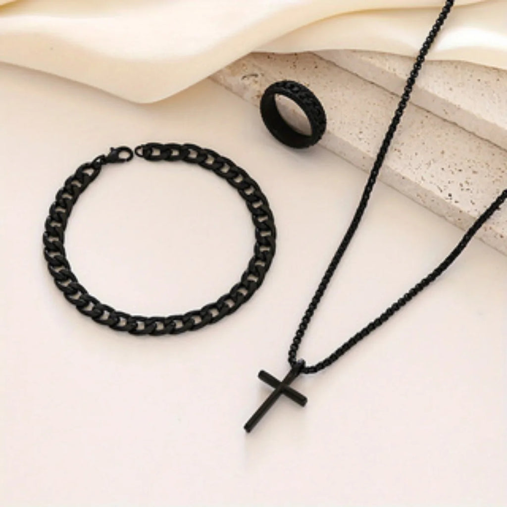 4pc  A fashionable men's watch set, paired with a cross necklace, ring, and bracelet, is the perfect gift for Valentine's Day.