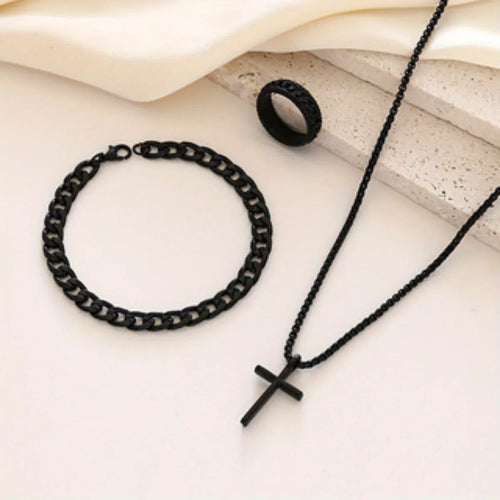 4pc  A fashionable men's watch set, paired with a cross necklace, ring, and bracelet, is the perfect gift for Valentine's Day.